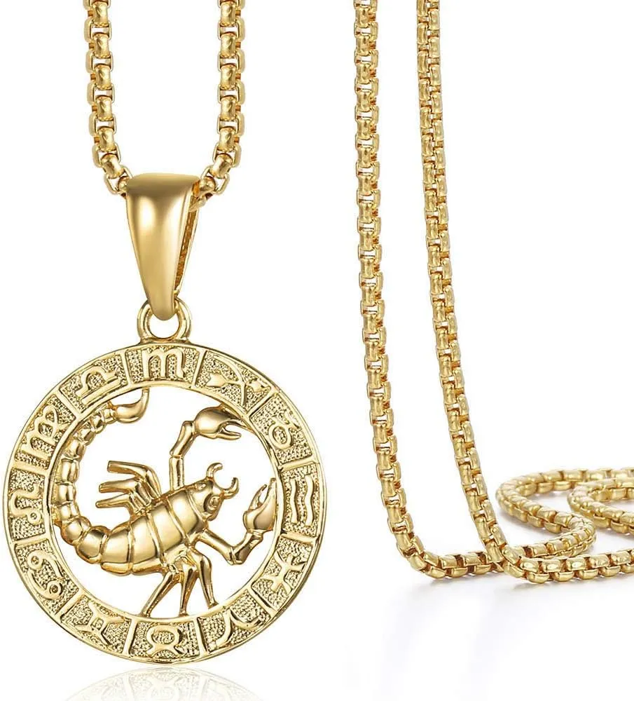 Gold Plated Zodiac Sign Pendant Necklace for Women Men Leo AriesConstellation Horoscope Pendant Stainless Steel Box Link Chain 22inch
