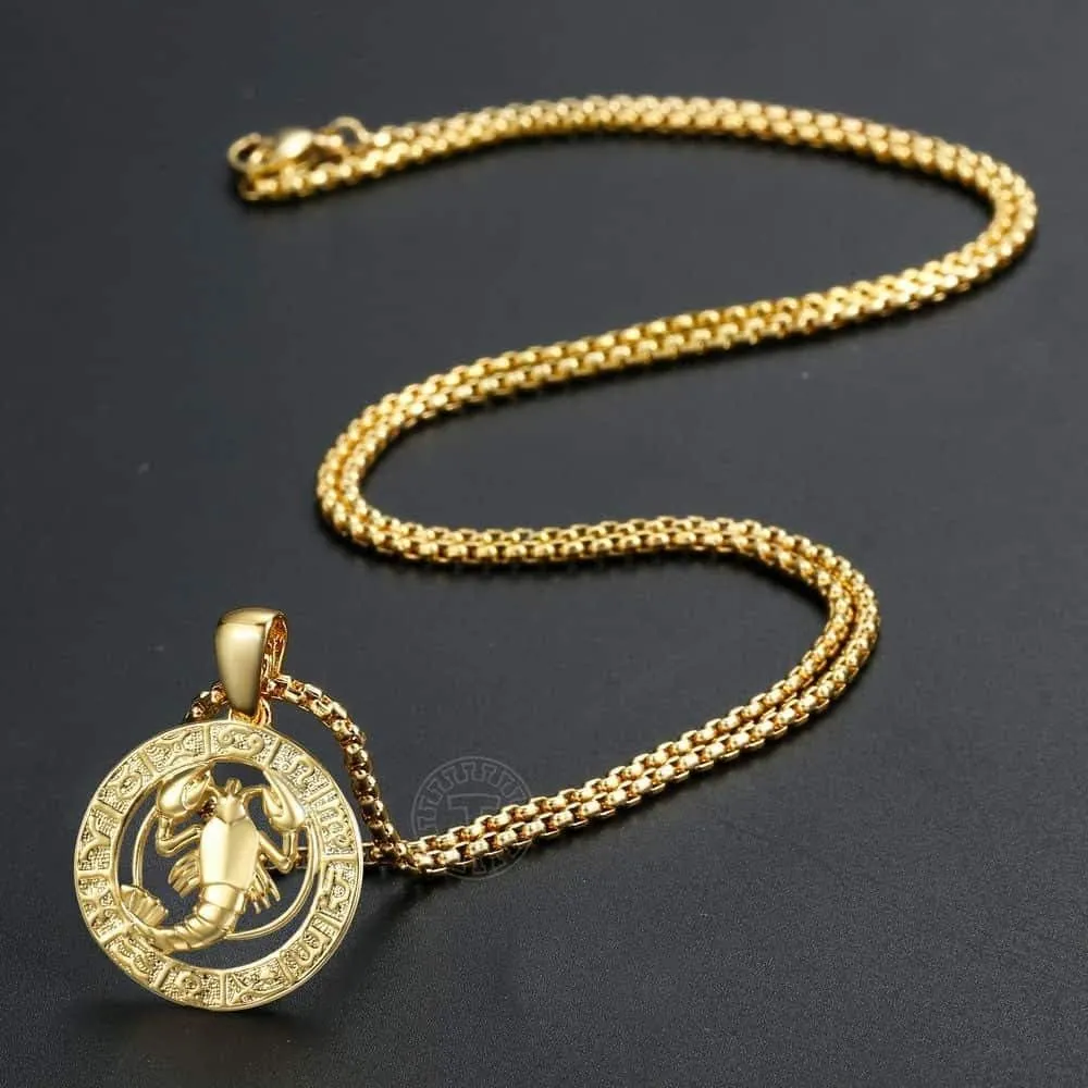 Gold Plated Zodiac Sign Pendant Necklace for Women Men Leo AriesConstellation Horoscope Pendant Stainless Steel Box Link Chain 22inch