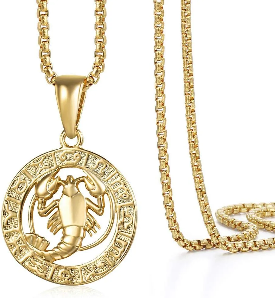 Gold Plated Zodiac Sign Pendant Necklace for Women Men Leo AriesConstellation Horoscope Pendant Stainless Steel Box Link Chain 22inch