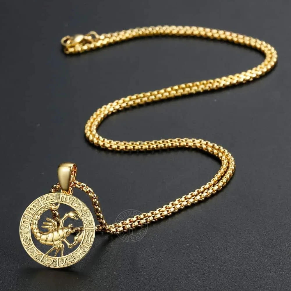 Gold Plated Zodiac Sign Pendant Necklace for Women Men Leo AriesConstellation Horoscope Pendant Stainless Steel Box Link Chain 22inch