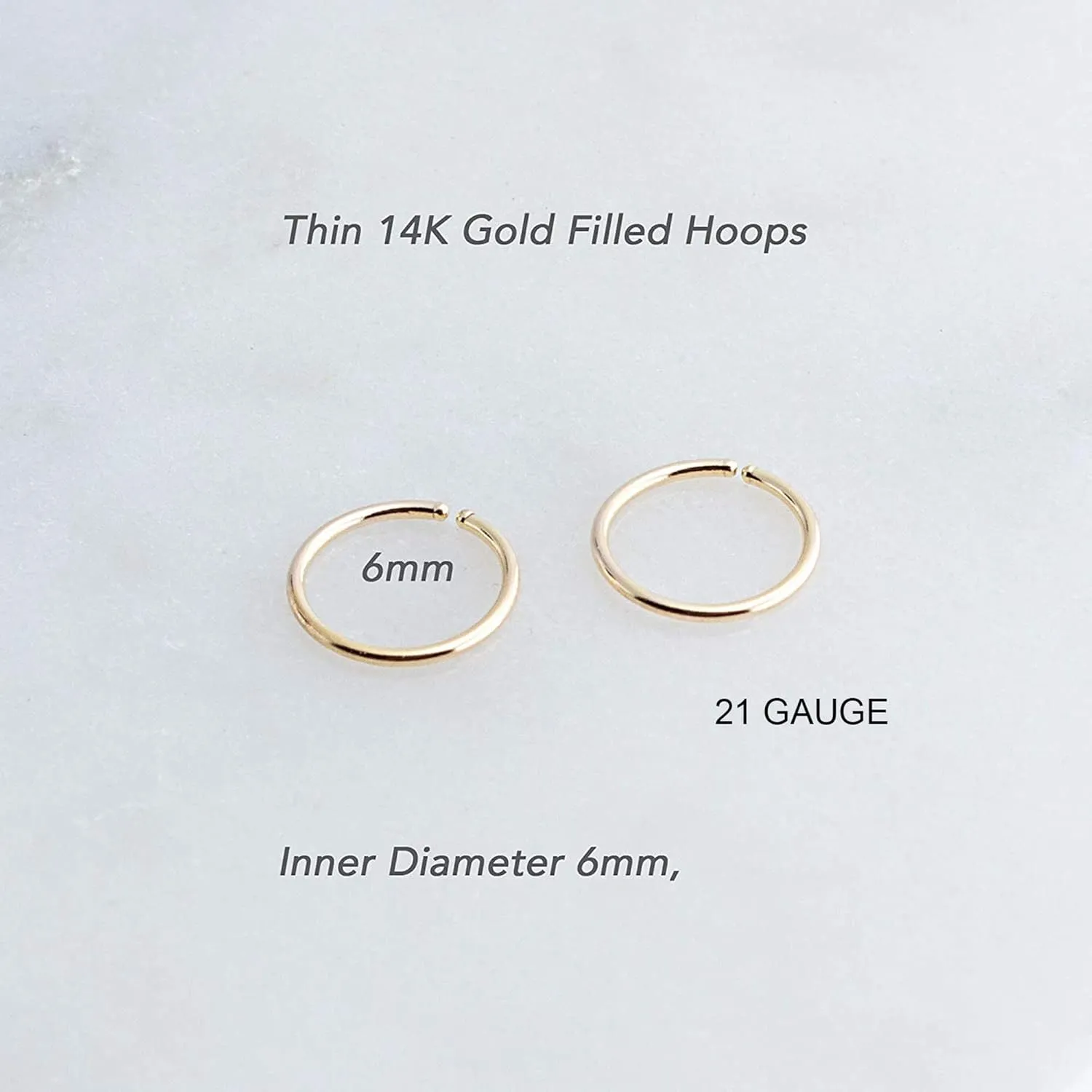 Gold, Silver Tiny Hoop Earrings for Women Cartilage Nose Septum Helix Tragus Rings Multiple Piercing Jewelry, Hypoallergenic (6mm | 1 Pair, 14K Yellow Gold Filled | 21 Gauge)