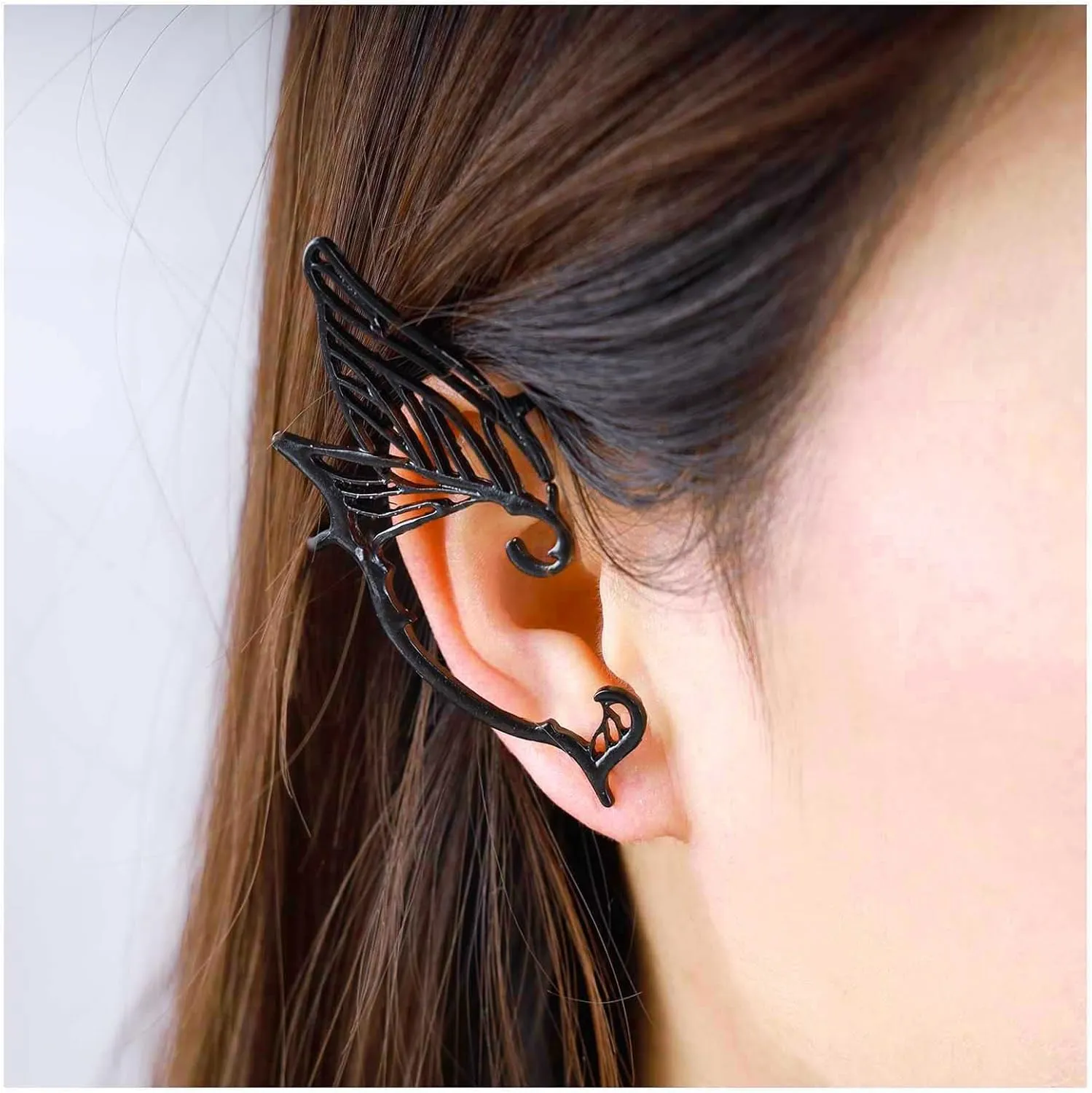 Gothic Elf Ear Wraps - Black Wings Ear Cuffs & Cartilage Earrings - Vintage Elves Style - Metal Wings Ear Crawlers - Halloween Cosplay Jewelry for Women (Black Right)