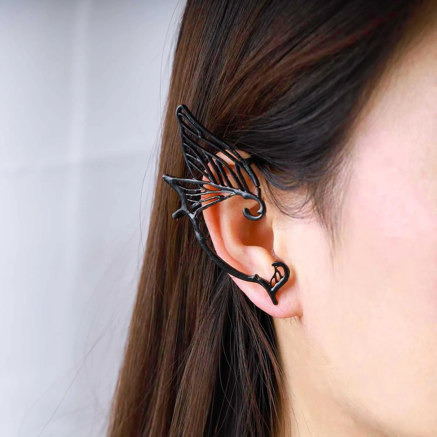 Gothic Elf Ear Wraps - Black Wings Ear Cuffs & Cartilage Earrings - Vintage Elves Style - Metal Wings Ear Crawlers - Halloween Cosplay Jewelry for Women (Black Right)