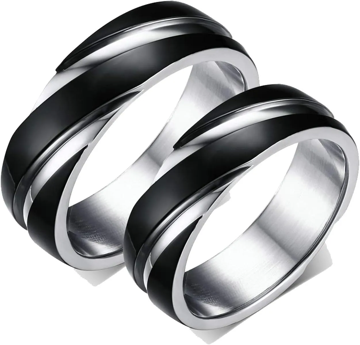 Gualiy Matching Couple Rings Stainless Steel, Marriage Rings for Couples Black Silver Ring 6MM Rings Size 5-13