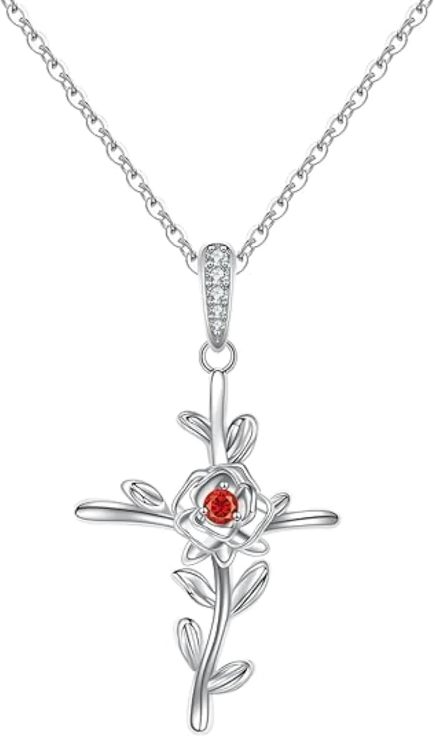 Handmade Real 925 Sterling Silver 14K White Gold Plated Round Cut White Diamond & Ruby Gemstone Valentine's day Special Beautiful Rose Flower Jesus Christ Cross Pendant Necklace Jewelry Valentine's Day Gifts for Women