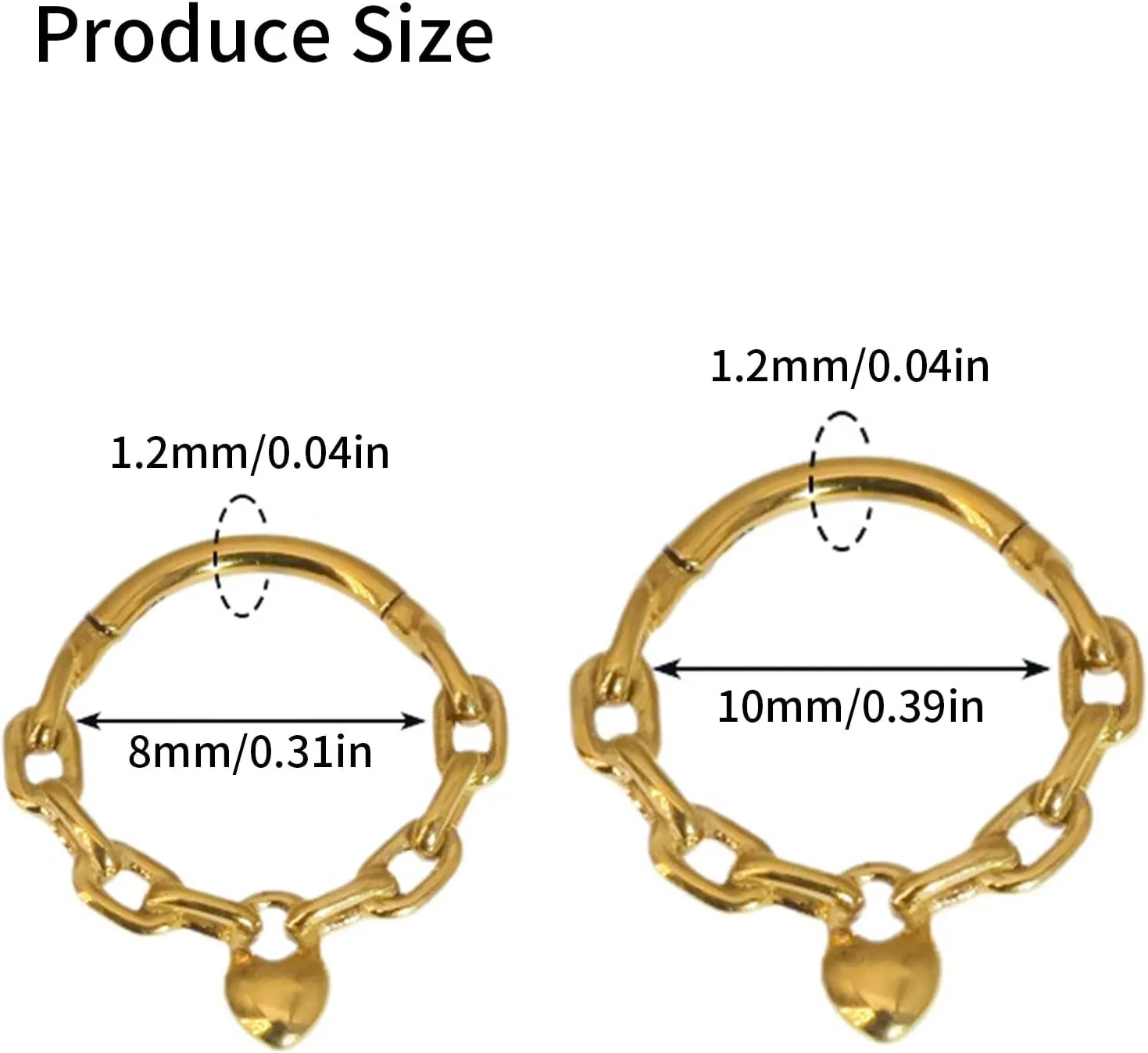 Heart Chain Septum Piercing Jewelry Surgical Steel Nose Rings Hoop Accessory For Women And Girls Or Silver 8/10MM