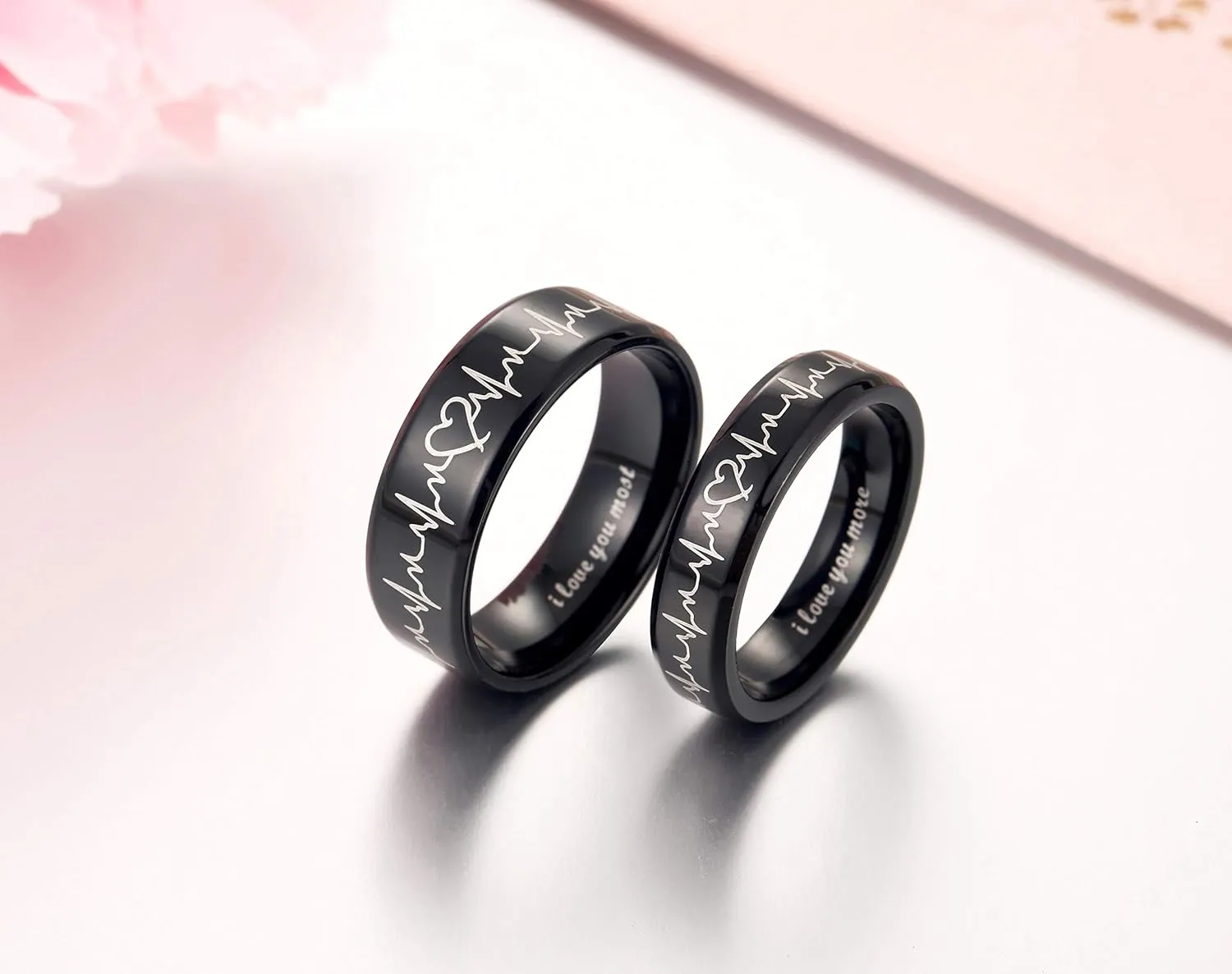 Heartbeat Rings for Couples I Love You More I Love You Most Matching Promise Rings Wedding Bands Sets for Him and Her with Box Titanium Stainless Steel Comfort Fit