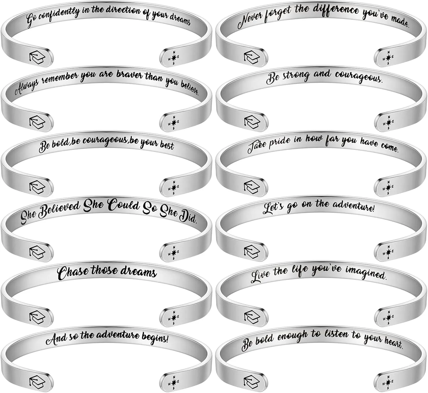 Henoyso 12 Pcs 2025 Graduation Motivational Bracelet Stainless Steel Engraved Bracelets Open Inspirational Bracelet for Class of 2025 Graduation Gifts, 12 Styles