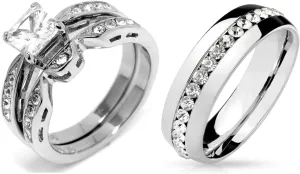 His Hers Couple Ring Set Womens 1 Ct Princess CZ Stainless Steel Wedding Ring Set Mens All Around CZ Wedding Band