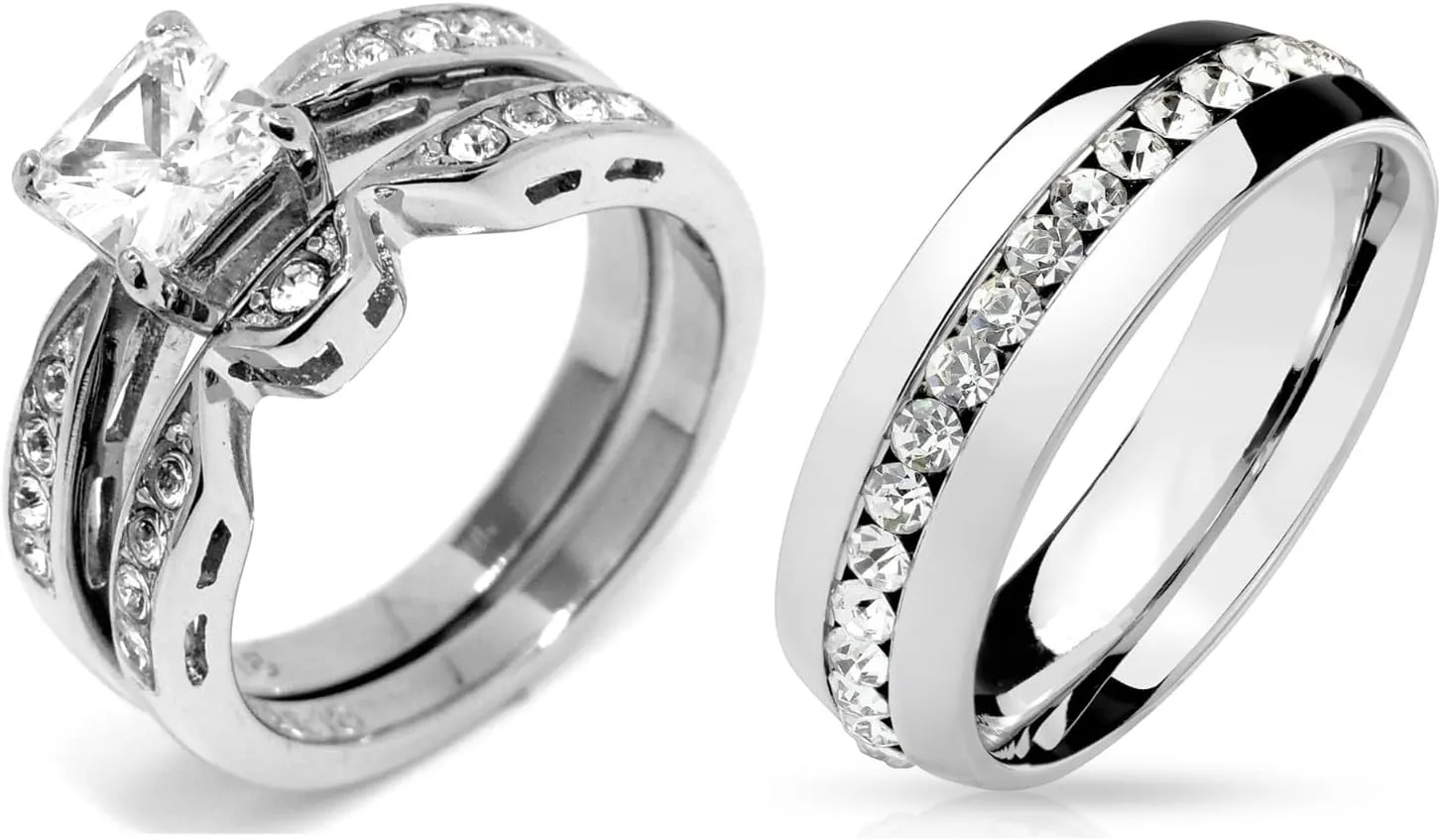 His Hers Couple Ring Set Womens 1 Ct Princess CZ Stainless Steel Wedding Ring Set Mens All Around CZ Wedding Band