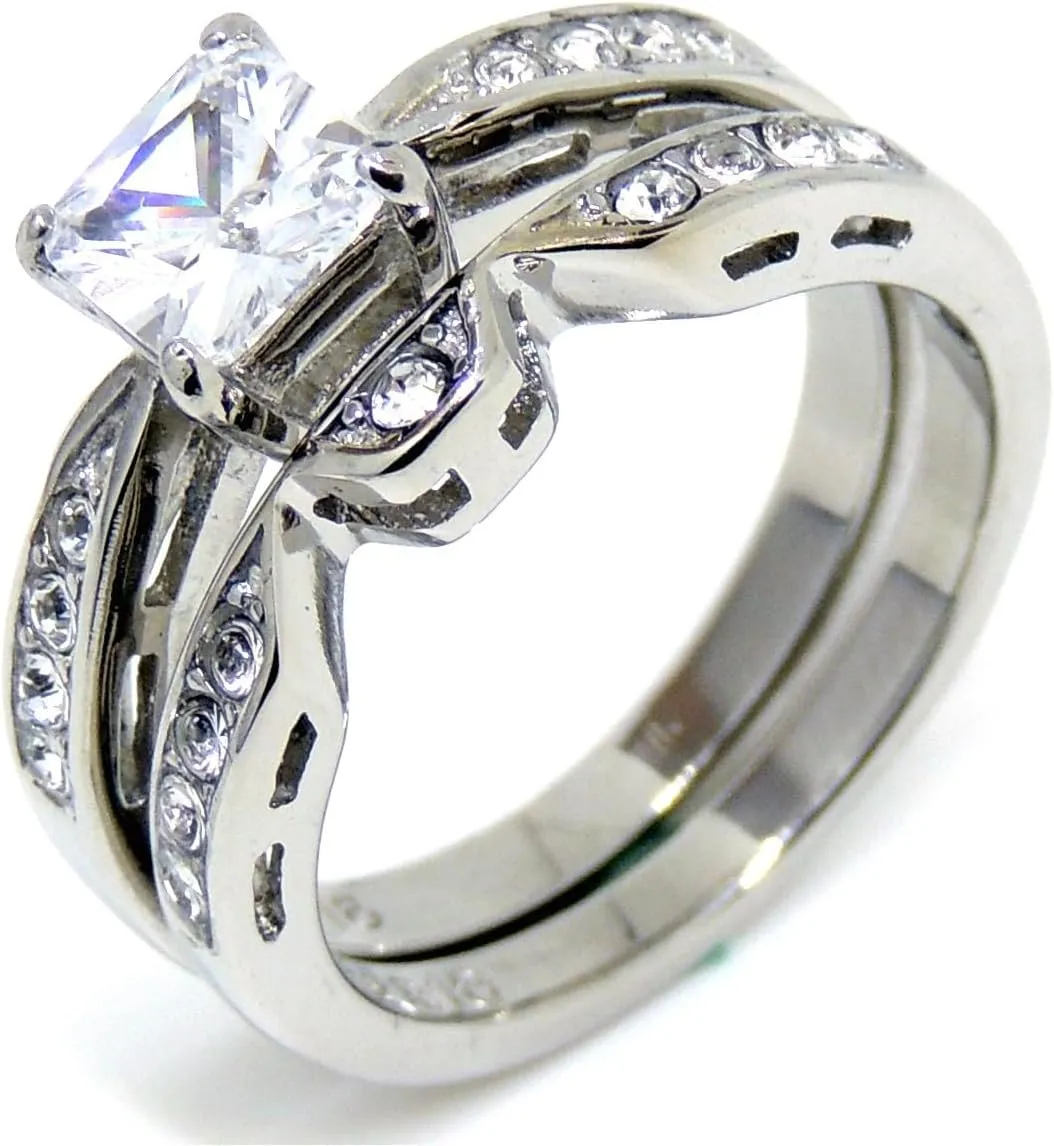 His Hers Couple Ring Set Womens 1 Ct Princess CZ Stainless Steel Wedding Ring Set Mens All Around CZ Wedding Band
