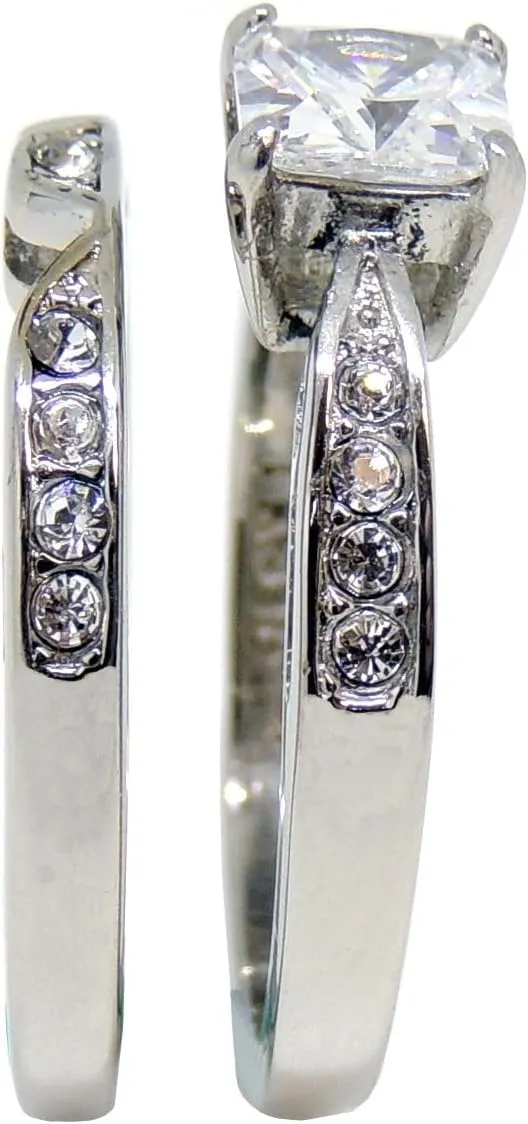 His Hers Couple Ring Set Womens 1 Ct Princess CZ Stainless Steel Wedding Ring Set Mens All Around CZ Wedding Band