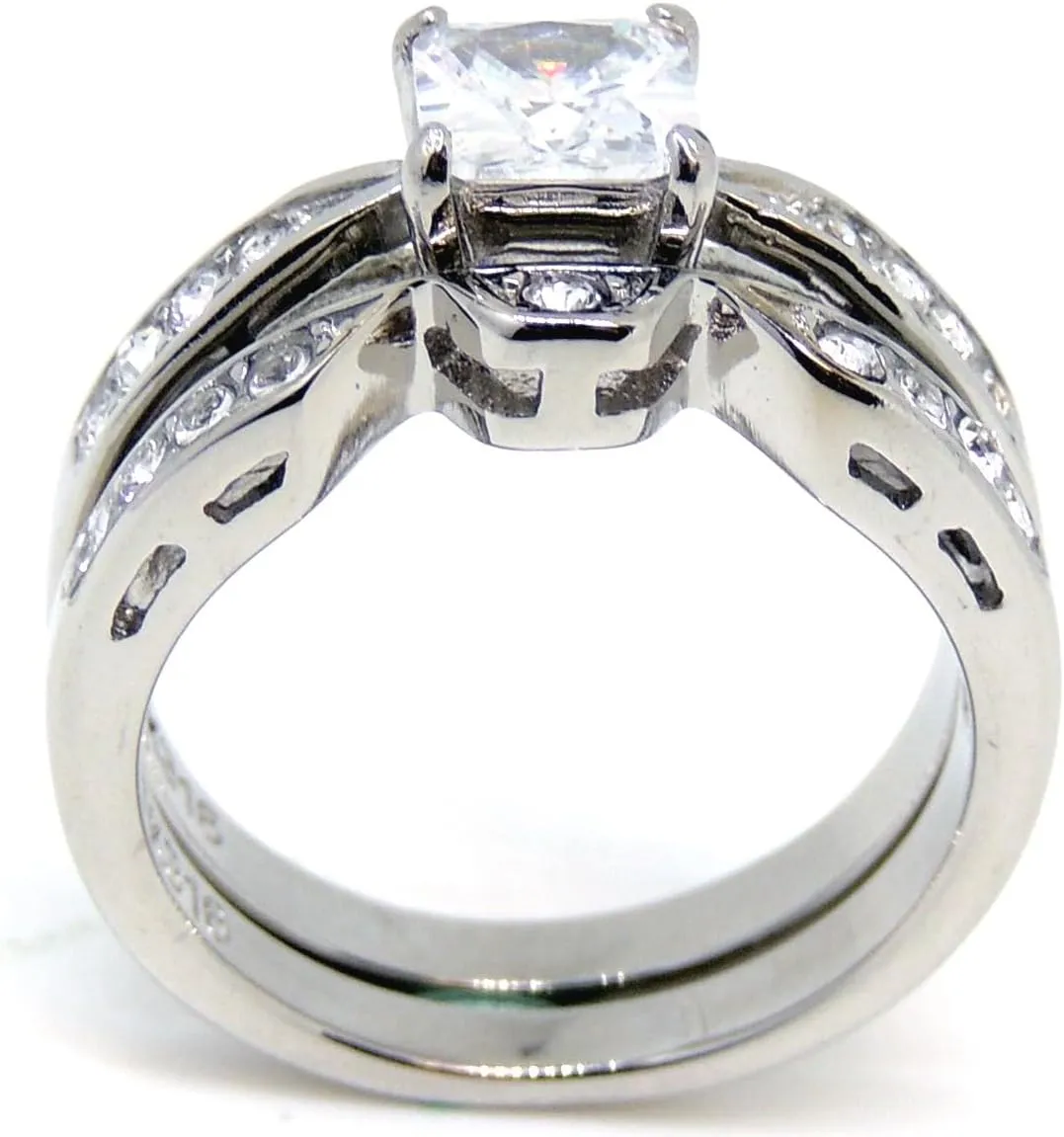 His Hers Couple Ring Set Womens 1 Ct Princess CZ Stainless Steel Wedding Ring Set Mens All Around CZ Wedding Band