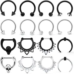 Hoeudjo Septum Clicker Rings 16G Surgical Steel Nose Hoop Rings Retainer Body Piercing Jewelry with Clear CZ Women Men U & D Shaped Daith Helix Tragus Lip Cartilage Earrings 8 Pieces