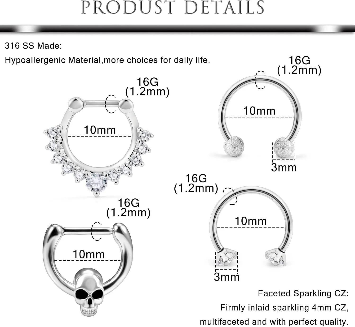 Hoeudjo Septum Clicker Rings 16G Surgical Steel Nose Hoop Rings Retainer Body Piercing Jewelry with Clear CZ Women Men U & D Shaped Daith Helix Tragus Lip Cartilage Earrings 8 Pieces