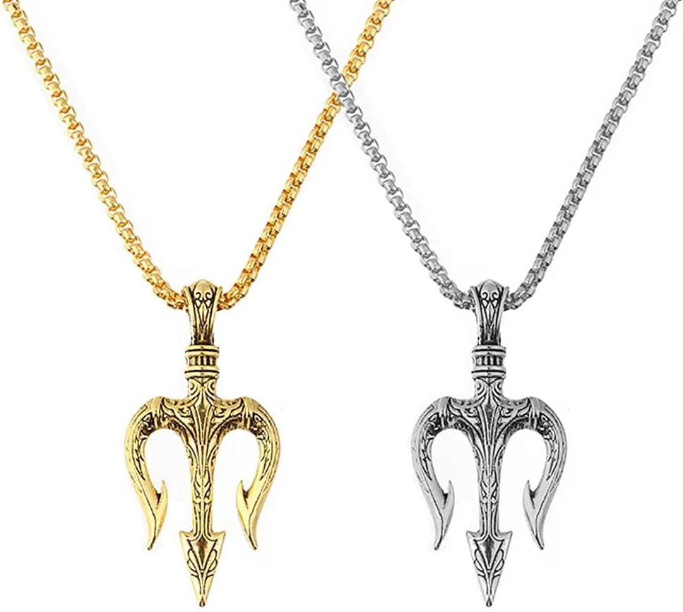 HomeSoGood 2PCS Mens Trident Neptune Pendant Necklaces Stainless Steel Hip Hop Punk Ancient Statement Necklace Jewelry Gift for Men