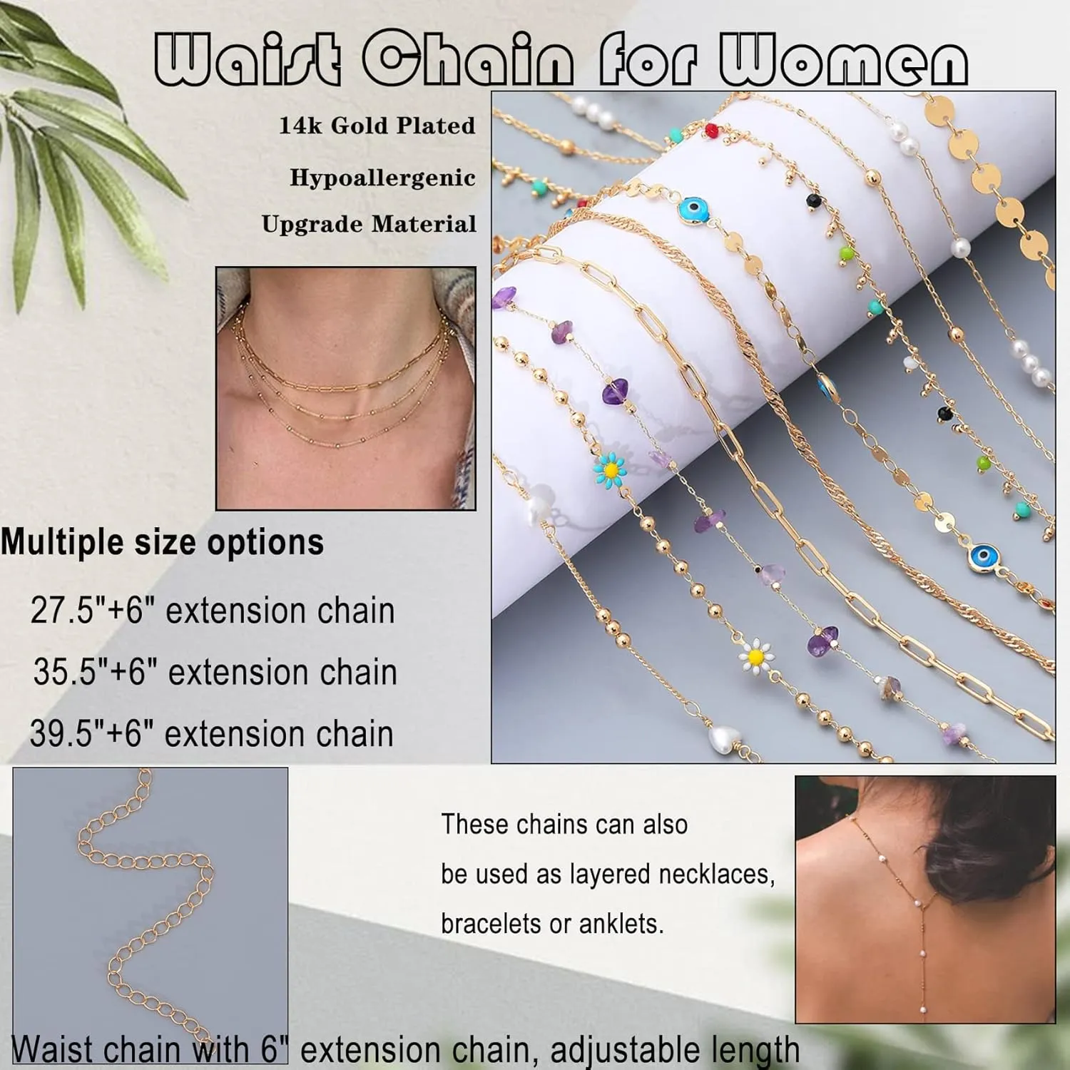 Honsny 27/33/40 Inches Belly Chain for Women 14K Gold Plated Plus Size Waist Chains Bikini Body Stomach Jewelry Chain, Beach Gold Waist Beads Body Chain Jewelry for Women