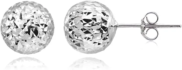 Hoops & Loops 925 Sterling Silver Diamond-Cut Ball Bead Stud Earrings for Women Men Teen Girls, 8mm or 10mm | Silver, Rose Gold & Yellow Gold