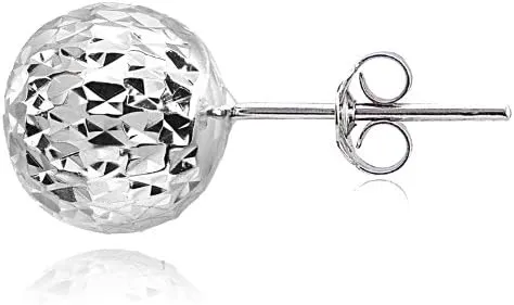 Hoops & Loops 925 Sterling Silver Diamond-Cut Ball Bead Stud Earrings for Women Men Teen Girls, 8mm or 10mm | Silver, Rose Gold & Yellow Gold