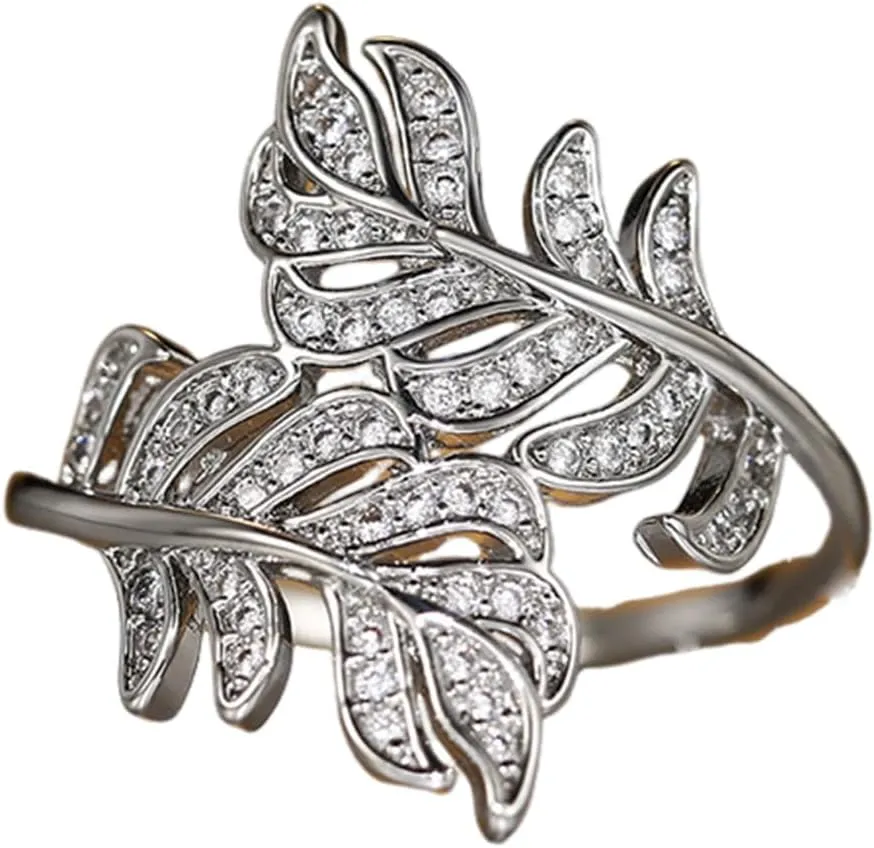 HSQYJ Luxury Cubic Zirconia Leaves Promise Rings Classic Style Crystal Leaf Anniversary Wedding Engagement Bands Cocktail Ring for Women White Gold Plated Jewelry Gifts