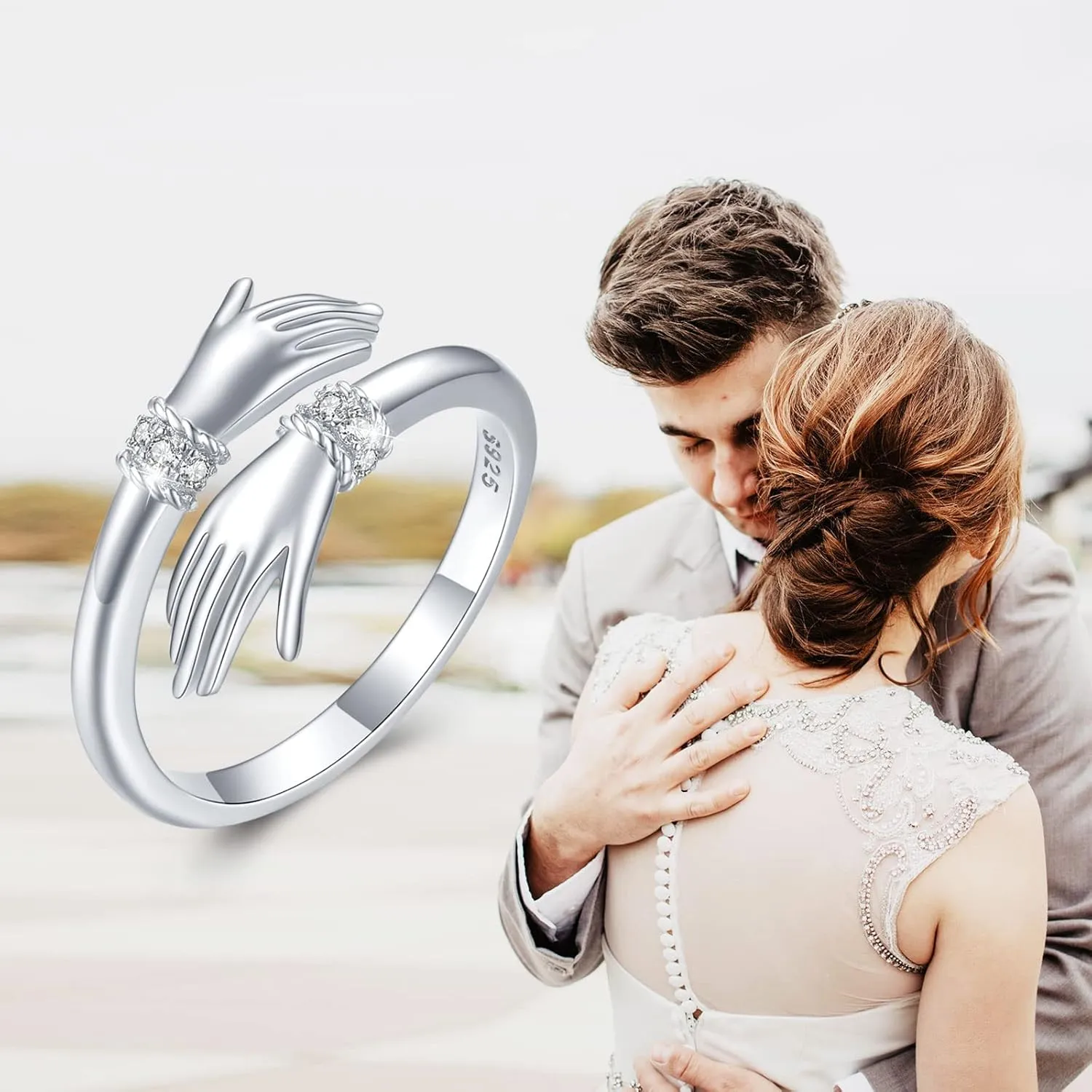 Hug Ring, S925 Sterling Silver Adjustable Come to My Arm Inspirational Encourage Rings Hand Open Thumb Ring''Give Me a Hug'' Embrace Ring Jewelry Gift for Mom Daughter Friends