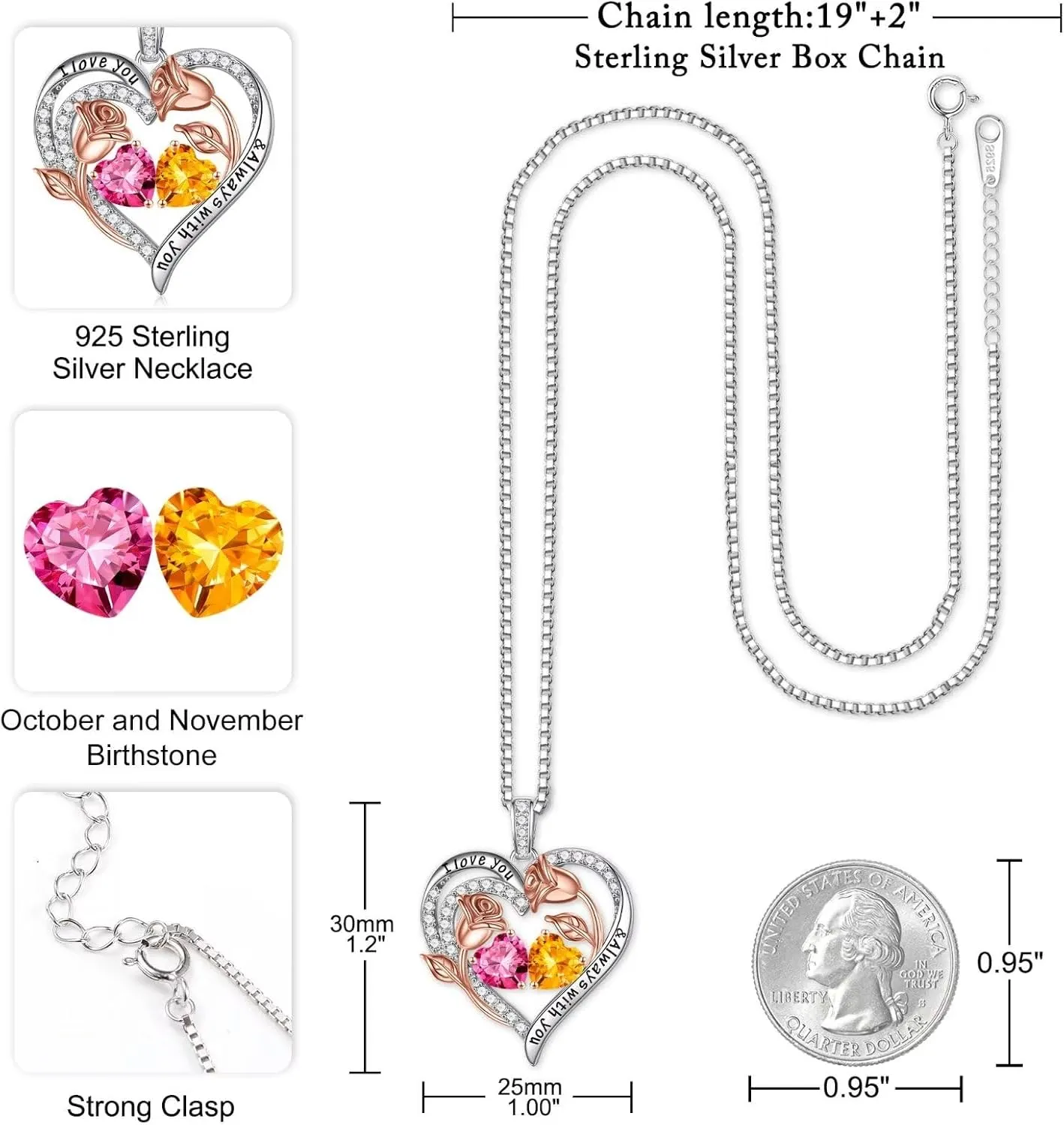Iefil Birthstone Necklace for Women - 925 Sterling Silver Rose Heart Birthstone Necklace Birthday Anniversary Jewelry Gifts for Her Wife Mom Daughter