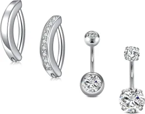 Incaton 4PCS 14G Belly Button Rings, Stainless Steel Diamond Shine Belly Rings For Women, Cute Clicker Hoop Belly Button Rings, Navel Piercing Pack With Gift Velvet Pouch