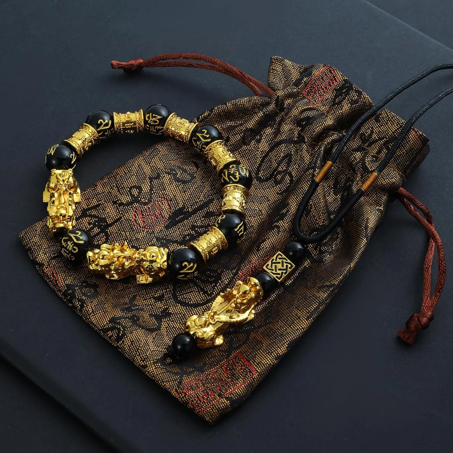 Jardme Feng Shui Bracelet- 12mm Natural Gemstone Good Luck Bracelet Necklace SetChristmas Birthday Gifts for Women Men, Money Wealth Success Bracelet Pi Xiu Bracelet