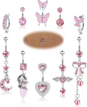 JeryWe 10 Pcs 14G Belly Button Ring for Women 316L Surgical Stainless Steel Belly Piercing Cute Pink CZ Dangle Belly Rings Curved Navel Rings Barbell Body Piercing Jewelry