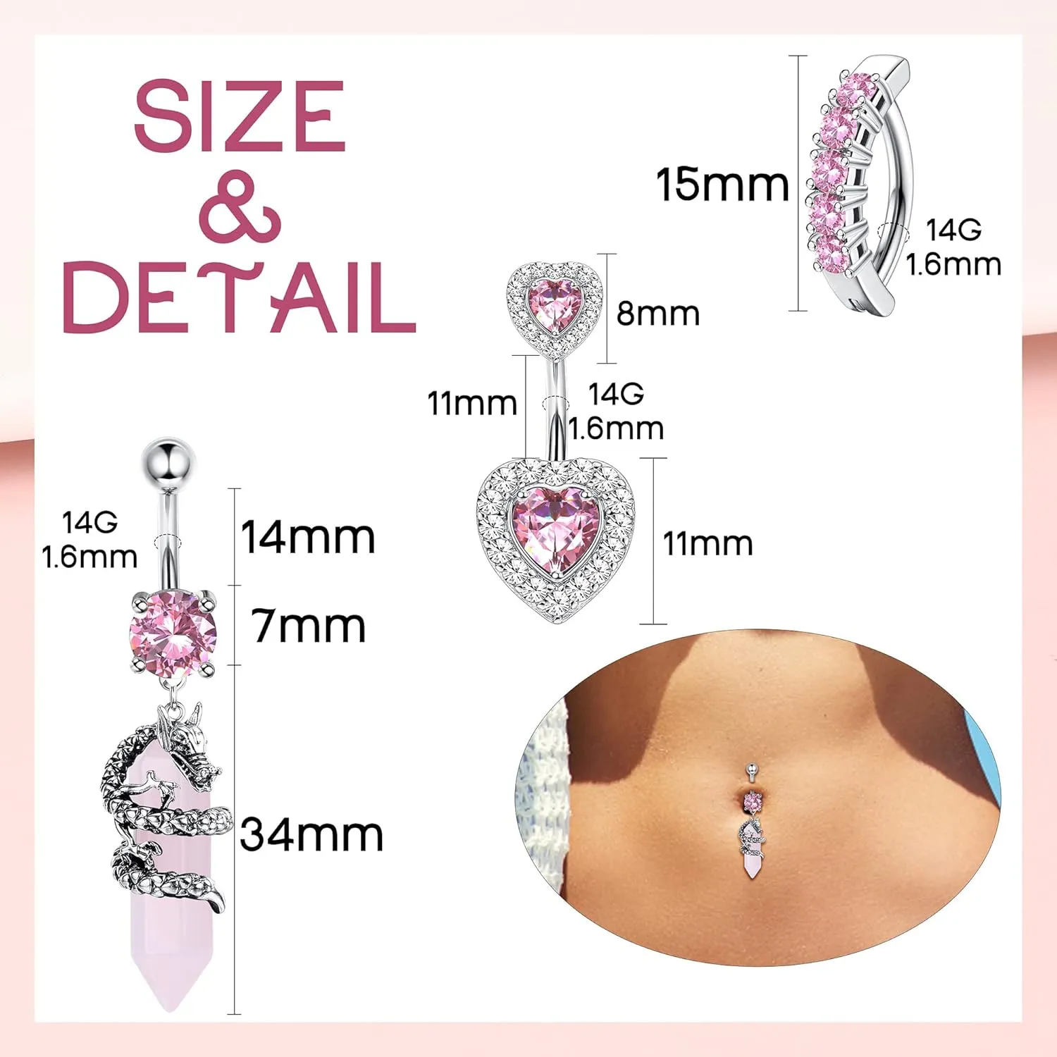 JeryWe 10 Pcs 14G Belly Button Ring for Women 316L Surgical Stainless Steel Belly Piercing Cute Pink CZ Dangle Belly Rings Curved Navel Rings Barbell Body Piercing Jewelry