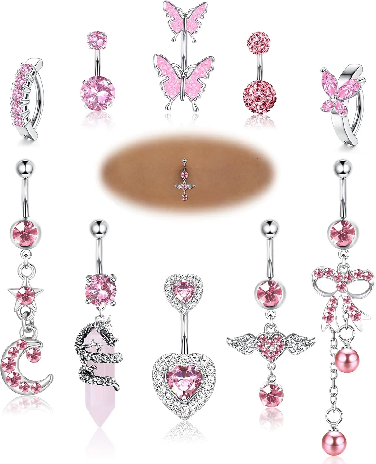 JeryWe 10 Pcs 14G Belly Button Ring for Women 316L Surgical Stainless Steel Belly Piercing Cute Pink CZ Dangle Belly Rings Curved Navel Rings Barbell Body Piercing Jewelry