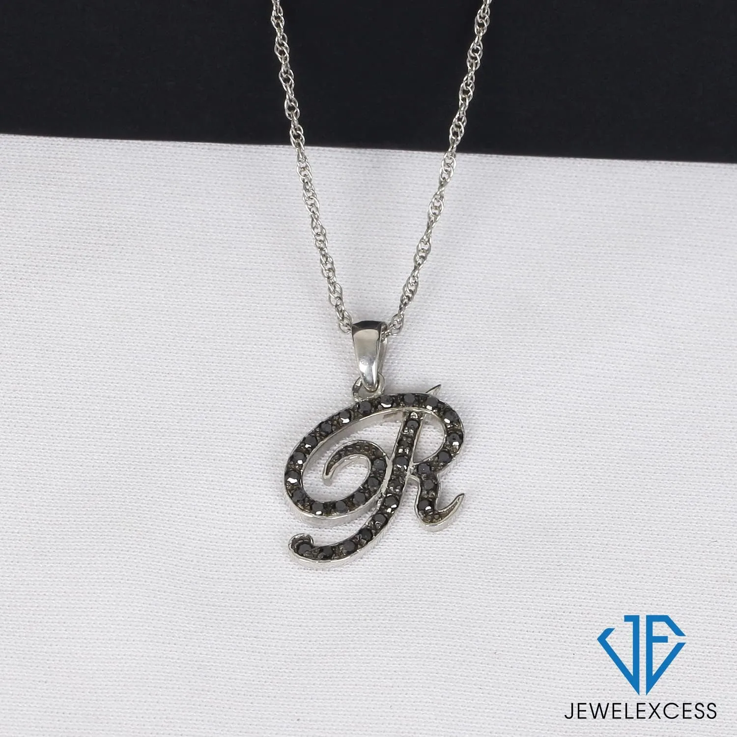 JEWELEXCESS 1/4 Carat Black Diamond Initial Letter Pendant Necklace for Women | .925 Sterling Silver A to Z Alphabet Monogram Necklaces for Girls, Cursive Script, Personalized Jewelry Gift for Her