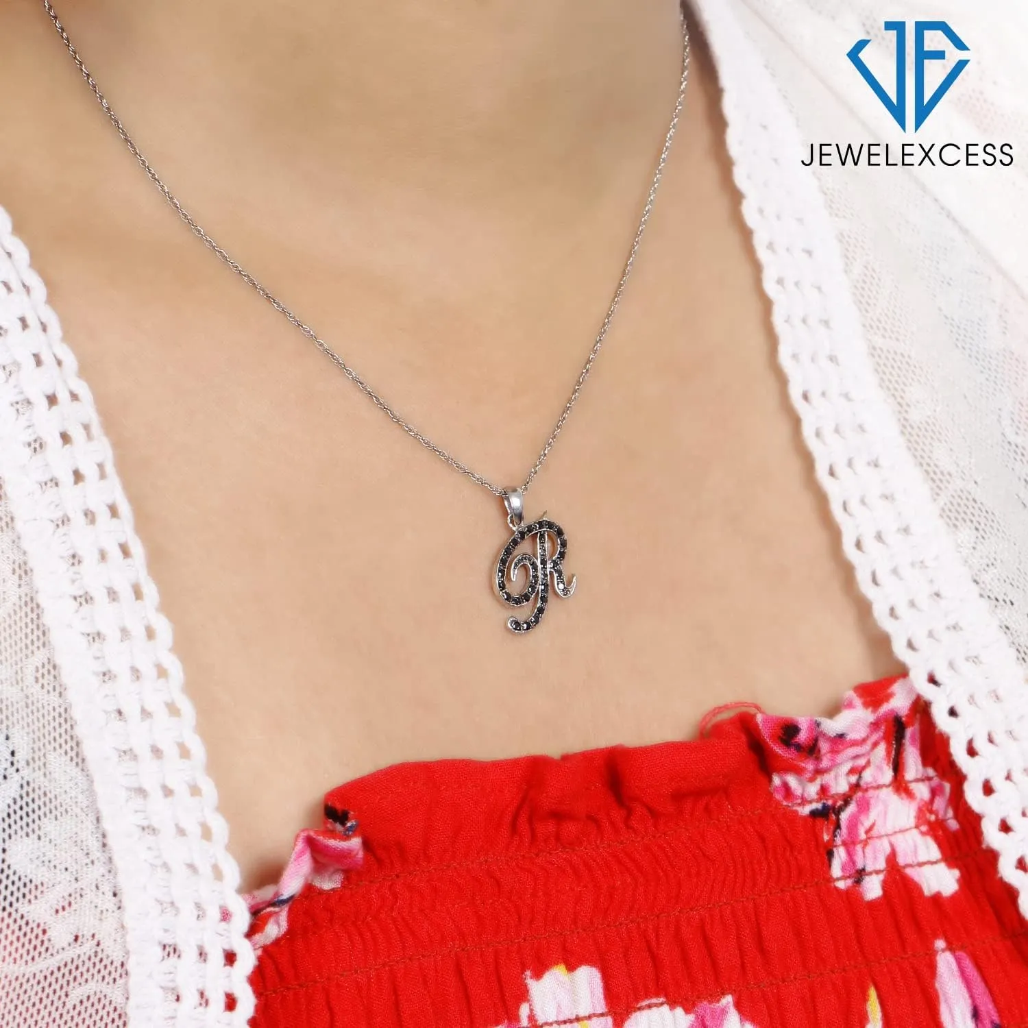 JEWELEXCESS 1/4 Carat Black Diamond Initial Letter Pendant Necklace for Women | .925 Sterling Silver A to Z Alphabet Monogram Necklaces for Girls, Cursive Script, Personalized Jewelry Gift for Her