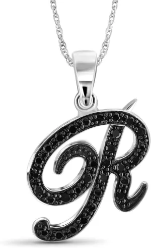 JEWELEXCESS 1/4 Carat Black Diamond Initial Letter Pendant Necklace for Women | .925 Sterling Silver A to Z Alphabet Monogram Necklaces for Girls, Cursive Script, Personalized Jewelry Gift for Her