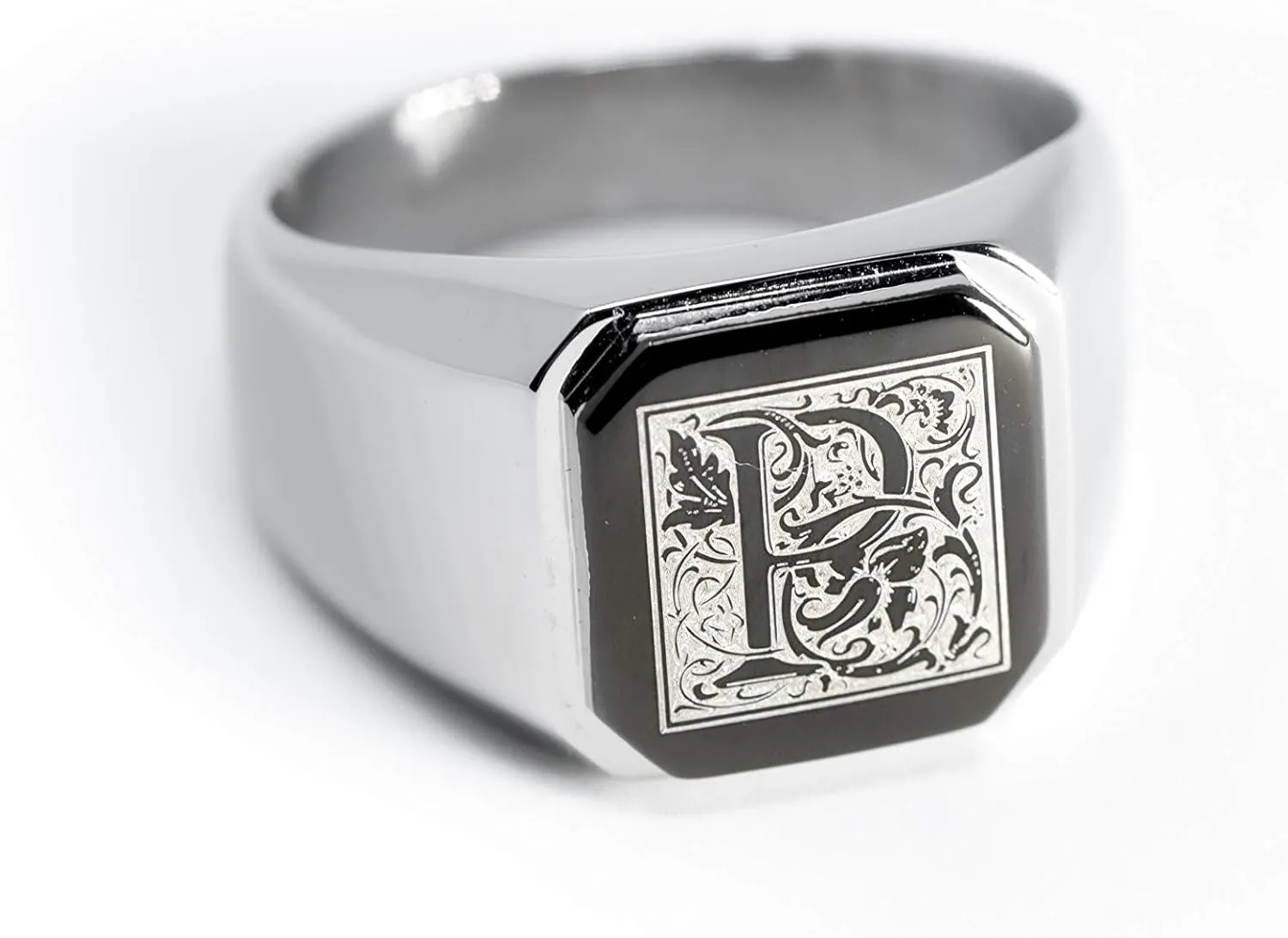 Jewelry | Stainless Steel Letter Alphabet Initial Ring | Square Flat Top Ring for Men & Women | Stainless Steel Jewelry, (Black, Gold, Silver), Size 7-16
