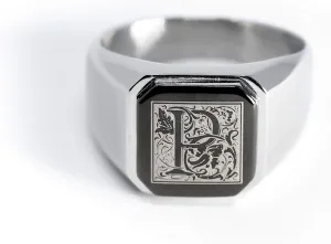 Jewelry | Stainless Steel Letter Alphabet Initial Ring | Square Flat Top Ring for Men & Women | Stainless Steel Jewelry, (Black, Gold, Silver), Size 7-16