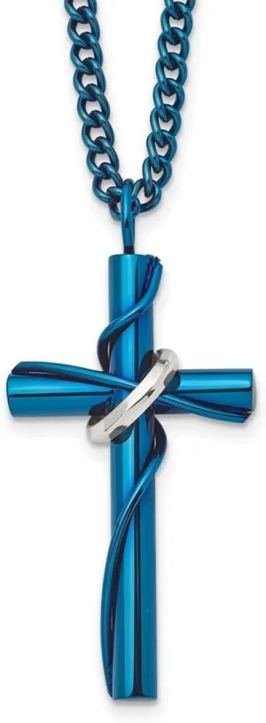 JewelryWeb 22mm Stainless Steel Polished Blue Ip Plated Religious Faith Cross With Moveable Ring Pendant a Curb Chain Necklace 24 Inch Chain-Necklace for Women and Men
