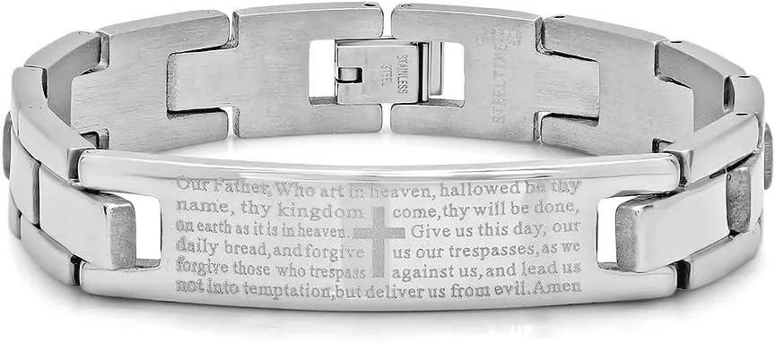 JewelryWeb Stainless Steel Mens Lords Prayer Religious Link Bracelet - for Men