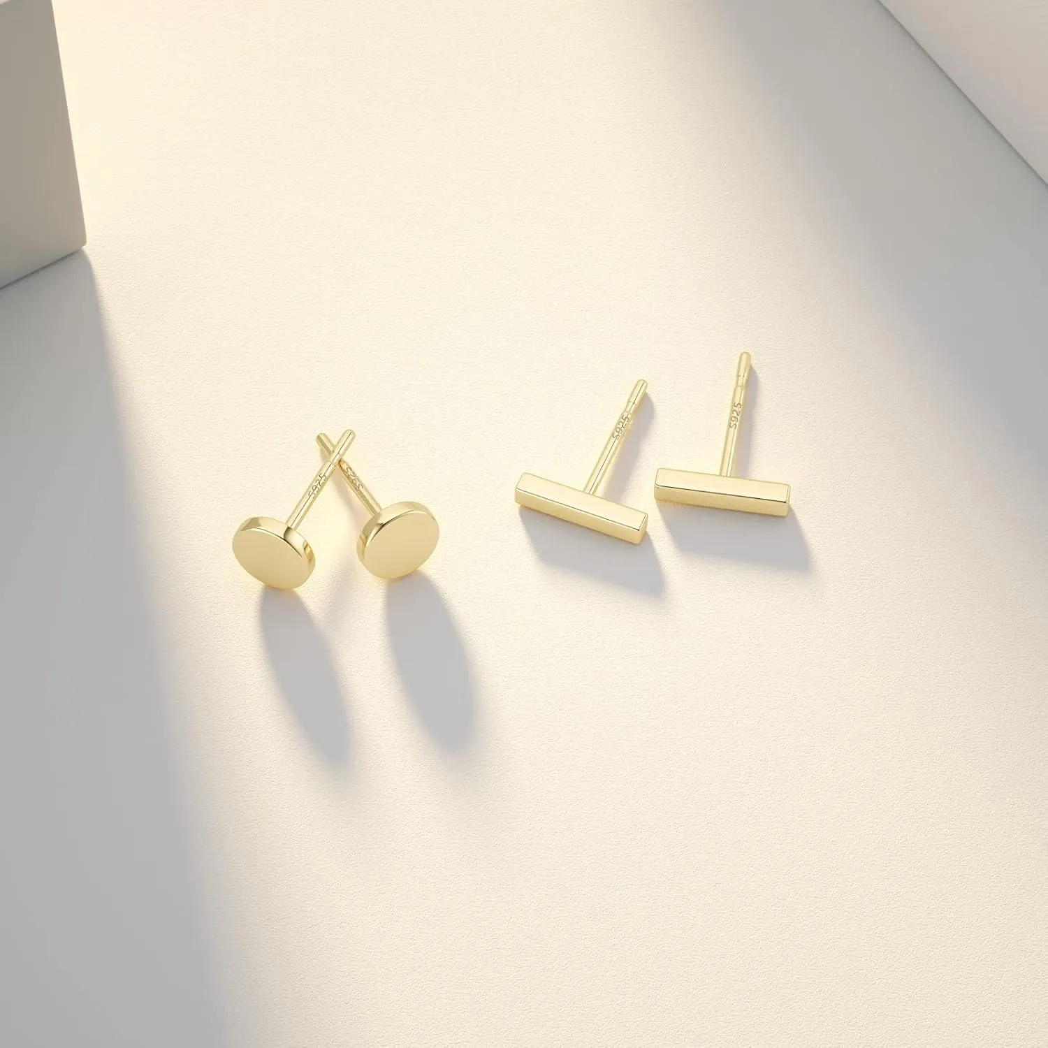 JIAYIQI 925 Sterling Silver Stud Earrings Simple Mini Bar Circle Dot Heart Star Lightning Bolt Stud Earrings 14K Gold Plated Cartilage Earrings Studs for Women Men Hypoallergenic Jewelry