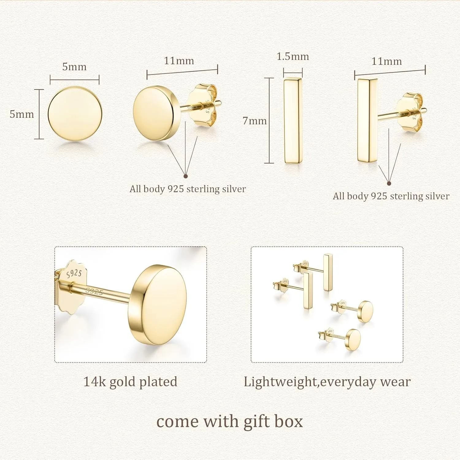 JIAYIQI 925 Sterling Silver Stud Earrings Simple Mini Bar Circle Dot Heart Star Lightning Bolt Stud Earrings 14K Gold Plated Cartilage Earrings Studs for Women Men Hypoallergenic Jewelry
