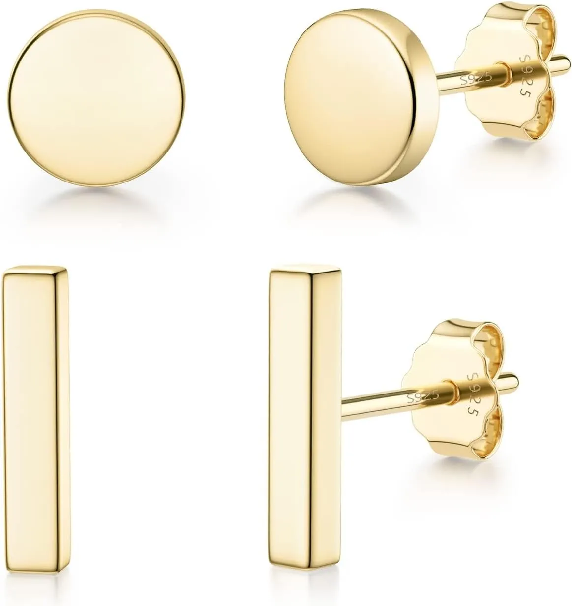 JIAYIQI 925 Sterling Silver Stud Earrings Simple Mini Bar Circle Dot Heart Star Lightning Bolt Stud Earrings 14K Gold Plated Cartilage Earrings Studs for Women Men Hypoallergenic Jewelry