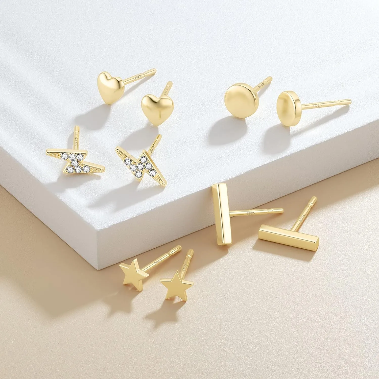 JIAYIQI 925 Sterling Silver Stud Earrings Simple Mini Bar Circle Dot Heart Star Lightning Bolt Stud Earrings 14K Gold Plated Cartilage Earrings Studs for Women Men Hypoallergenic Jewelry