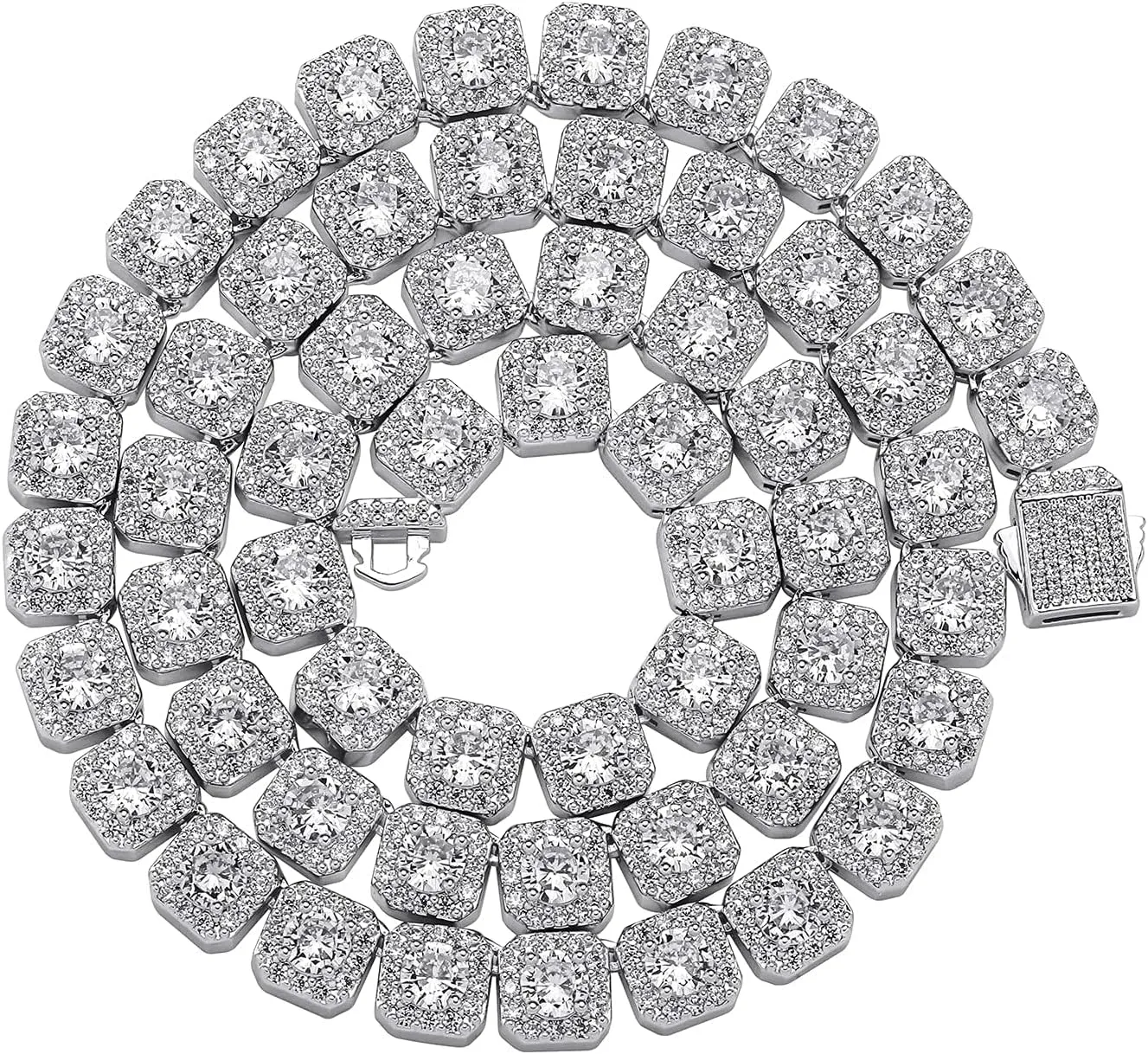 JINAO 10MM Tennis Chain Necklace 18k Gold Plated Iced out Jumbo Square Sparkling Cluster Cubic Zirconia Tennis Link Chains for Men Women