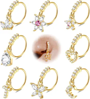 JOERICA 8 Pcs 20G Dangle Nose Rings Hoops for Women Butterfly Heart Moon Flower Cross CZ Dangle Nose Rings Cartilage Earring Dangling Nose Piercing Jewelry