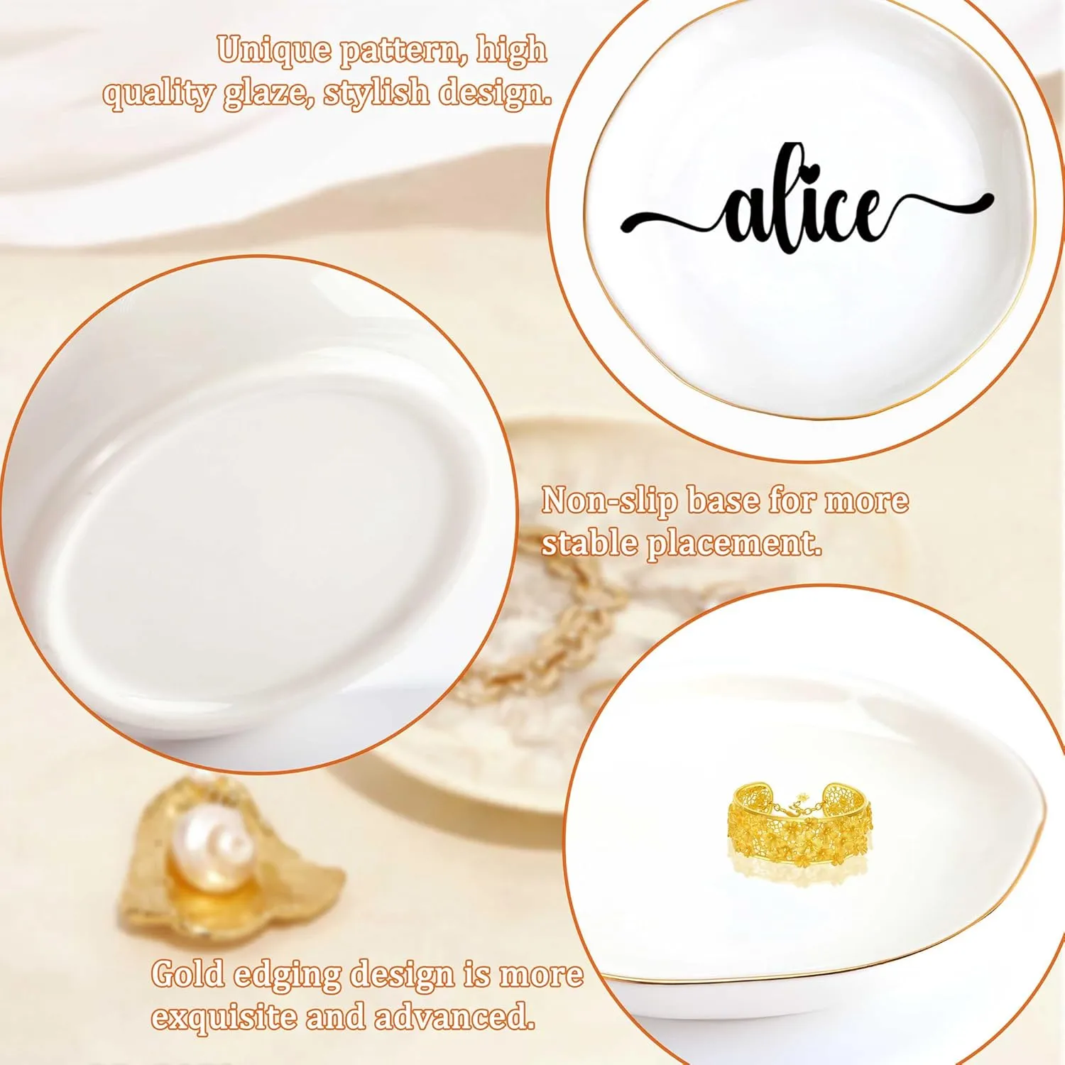JoycuFF Alice Personalized Name Ceramic Jewelry Tray, Mothers Day Christmas Anniversary Engagement Birthday Gifts for Women Couples, Trinket Dish for Rings Earrings Necklaces Bracelets Keys