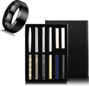 Jstyle Men's Ring and Tie Clips Set Black Size 10.5 Band Rings & Men Clip Set for Regular Ties Necktie Wedding Business