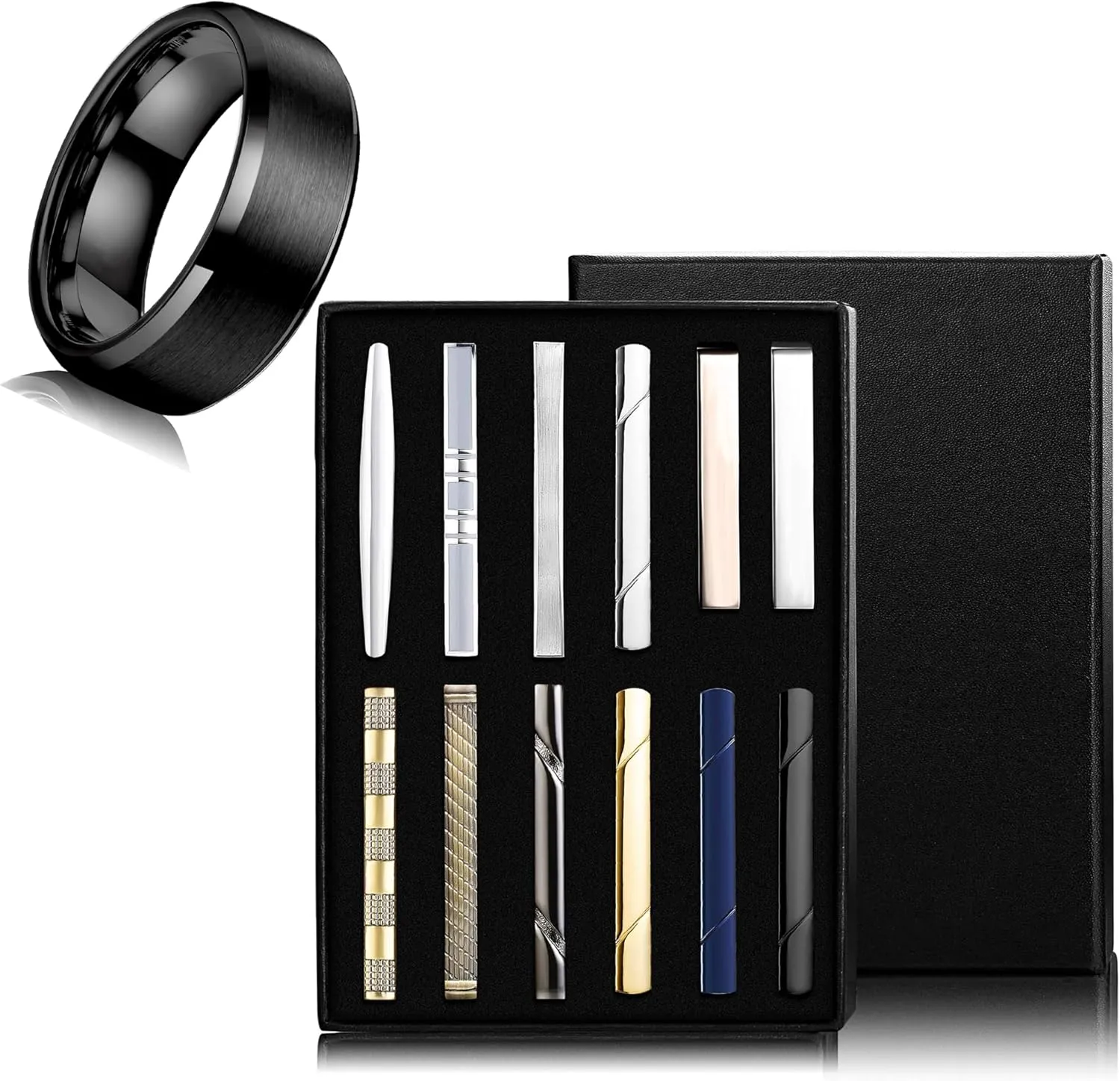 Jstyle Men's Ring and Tie Clips Set Black Size 9 Band Rings & Men Clip Set for Regular Ties Necktie Wedding Business