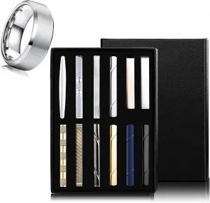 Jstyle Men's Ring and Tie Clips Set Silver Size 14 Band Rings & Men Clip Set for Regular Ties Necktie Wedding Business