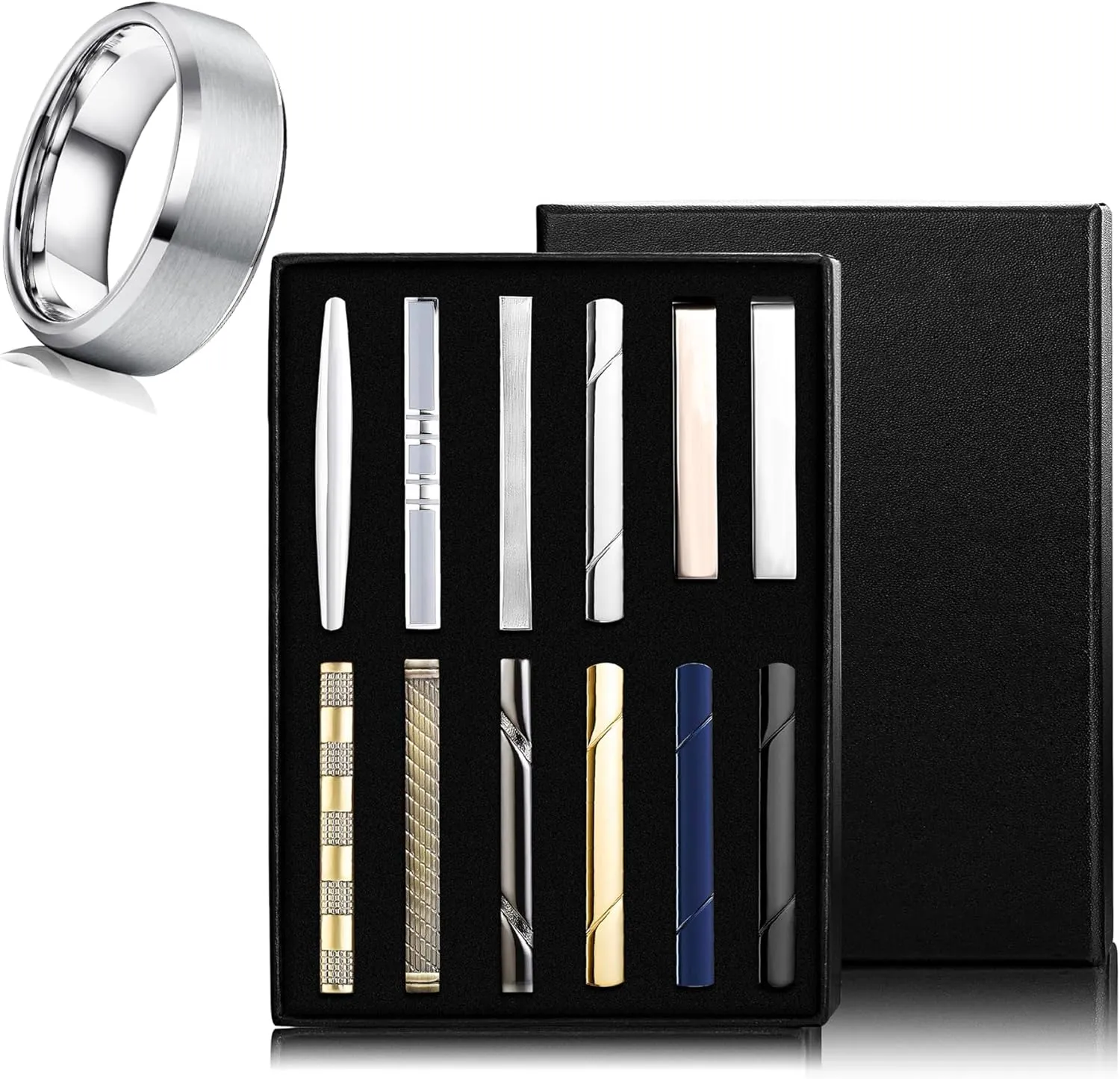 Jstyle Men's Ring and Tie Clips Set Silver Size 14 Band Rings & Men Clip Set for Regular Ties Necktie Wedding Business
