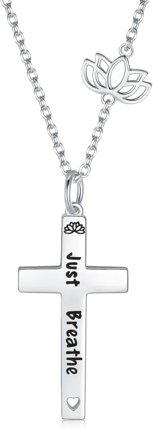 Just Breathe Cross Necklace for Women Lotus Breath Faith Pendant Necklaces Jewelry Gifts for Women with Gift Card